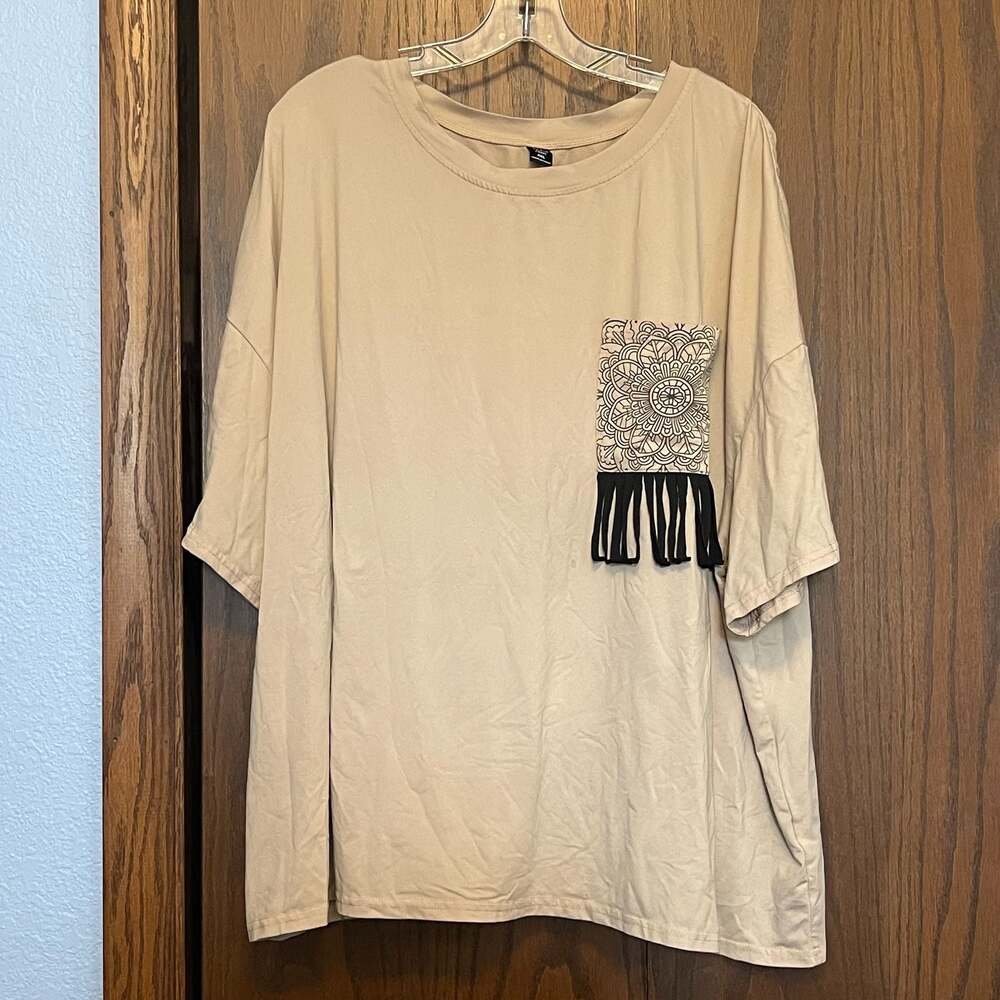 SHEIN Plus Size Khaki Mandala Pocket T-Shirt with Fringe Details 4XL